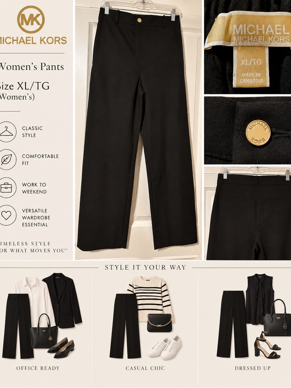 Michael Kors Black Wide-Leg Women's Pants with Gold-Tone Button